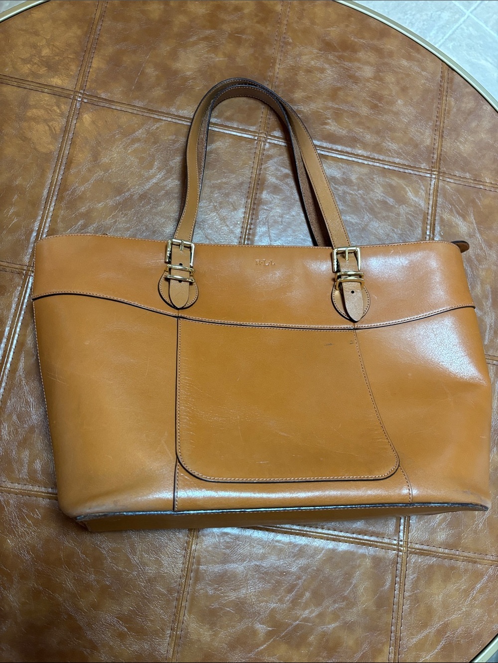 Lauren Ralph Lauren Tan Leather Tote with Gold-Tone Buckles